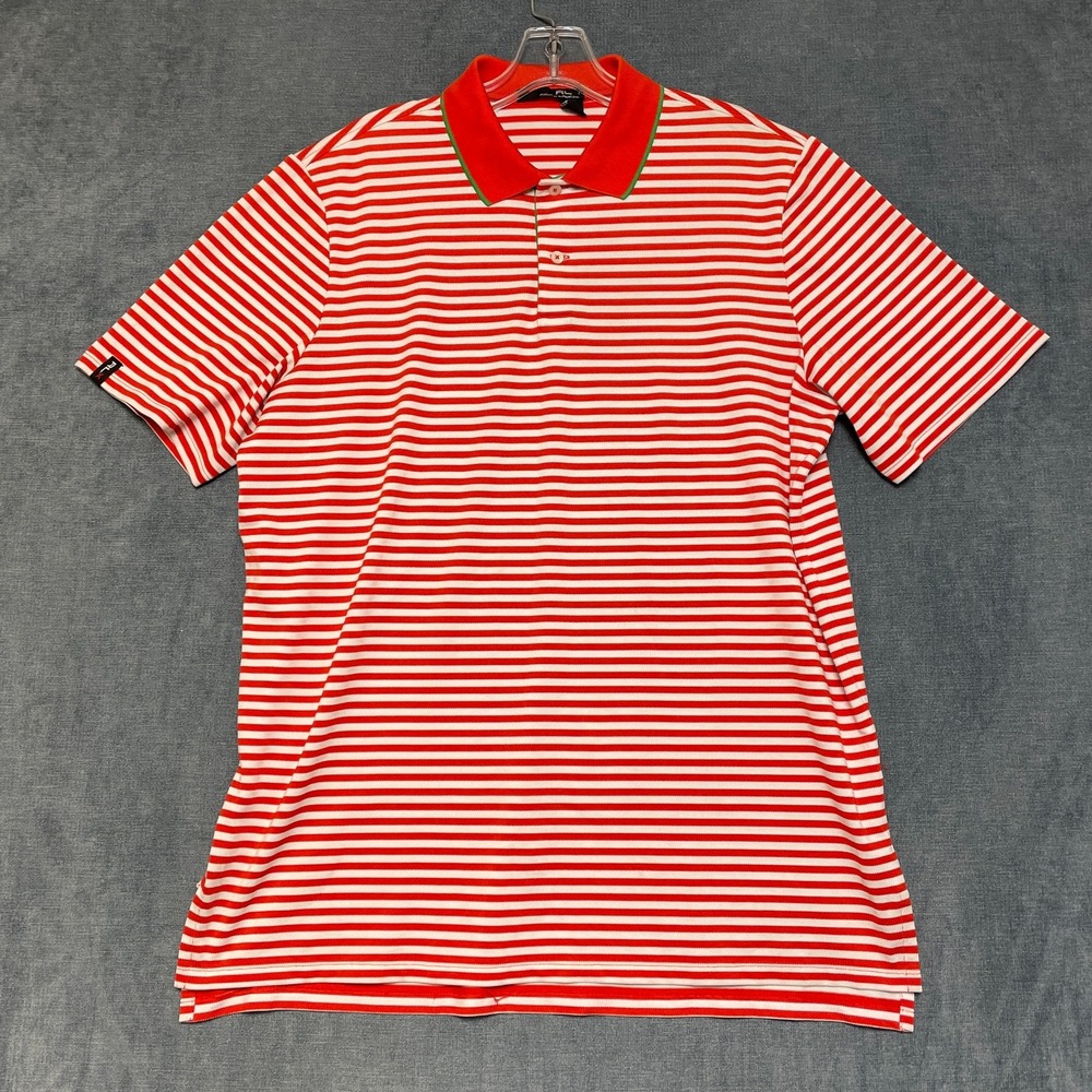 RLX Ralph Lauren Polo Shirt Mens Large Orange White Striped Golf High Low Hem
